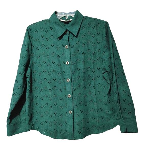 Draper's & Damon's Eyelet Button-Up Shirt Long Sleeve Faux Suede Green Womens LP - Picture 1 of 11